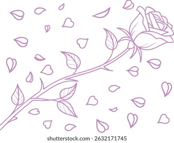 Elegant rose line art with falling petals in a soft purple tone. Minimal floral illustration perfect for romantic, botanical, and greeting card designs. Ideal for craft, print, and  use.