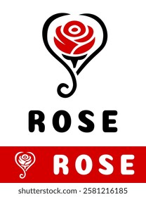 An elegant rose logo design with a modern minimalist style, featuring a red flower within a decorative black heart-shaped border