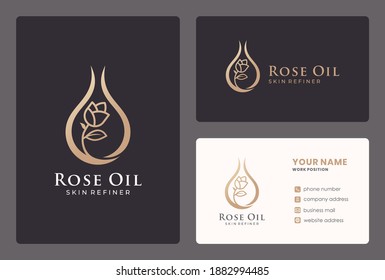 Elegant Rose Oil, Cosmetics, Beauty Care, Flower, Drops, Skin Care Logo Design With Business Card.