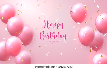 Elegant rose pink balloon and golden ribbon Happy Birthday celebration card banner template background