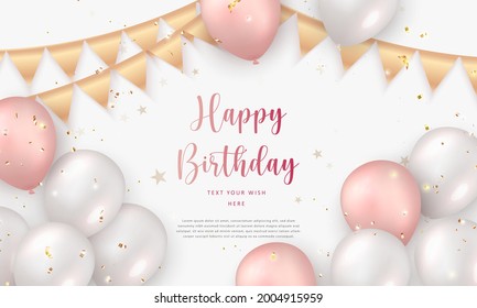 Elegant Rose Pink White Silver Balloon And Golden Ribbon Happy Birthday Celebration Card Banner Template Background
