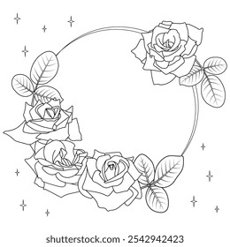 Elegant Rose Round Frame. Floral composition, flowers and leaves, a circle shape, four-pointed stars background. Black clear silhouettes on a white background. Design style for Valentine, wedding etc.