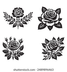 Elegante Rose Silhouettes Colección de Vector - 
Diseños florales en blanco y negro.