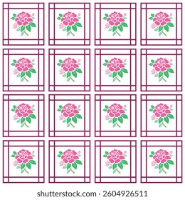 Elegant Rose Tile Seamless Pattern. A seamless floral pattern featuring pink roses framed within elegant geometric squares, perfect for wallpaper, textiles, or decorative prints.