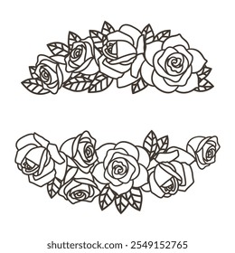 Elegant Roses and Leaves Outline Decoration, Rustic Floral Arrangement Line Art Borders, Hand-Drawn Botanical vector.