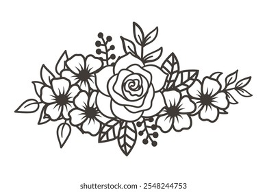 Elegante contorno de rosas y hojas, borde floral con rosas, elemento de diseño de ramo de flores de rosa. Ilustración vectorial en blanco y negro.