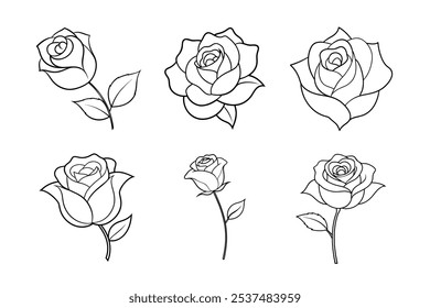 Elegant Roses Line Art Bundle – Single Rose, Rose Bud, Blooming Rose, and More Floral Elements