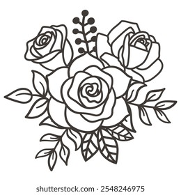 Contorno de rosas elegantes, diseño intrincado del ramo de rosa, elemento de diseño de rosa dibujado a mano. Ilustración vectorial en blanco y negro.