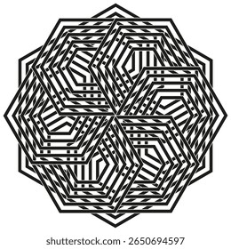 Ícone elegante da roseta. Padrão de rede angular. Vetor preto cristalino. Simetria concêntrica do labirinto.