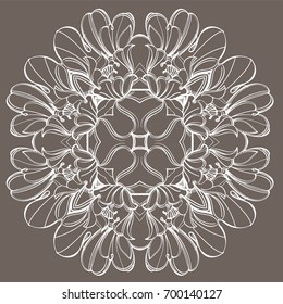 Elegant round element of stylized flowers with smooth lines. Abstract decorative floral pattern.