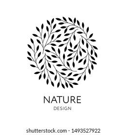 Elegant round emblem with tree branches. Vector organic and natural logo design. Can be used for medicine, spa, yoga centers, cosmetics, organic food stores, ecology concepts.