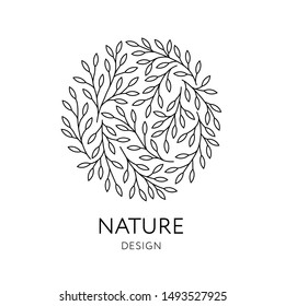 Elegant round emblem with tree branches. Vector organic and natural logo design in trendy linear style. Can be used for medicine, spa, yoga centers, cosmetics, organic food stores, ecology concepts.