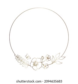 Elegant round floral frame with flowers, herbs and butterfly for festive decoration of cards, invitations. Vector hand drawn illustration. 