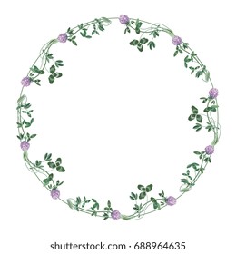 Elegant round floral frame with red clover floral motif. Pastel colors. Perfect background, copy frame, border, element for design, or decoration.