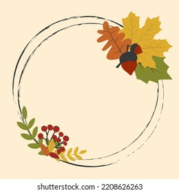 Elegant round frame with autumn leaves and acorns. Vector illustration, creative cover design for store template, promotions, social media posts, stories and photos, etc. - Shutterstock ID 2208626263