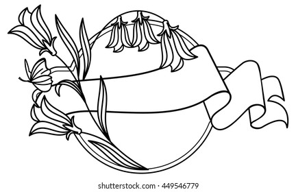 Elegant round frame with bluebells and butterfly. Vector clip art.