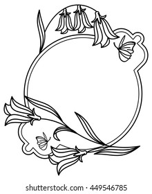 Elegant round frame with bluebells and butterfly. Vector clip art.