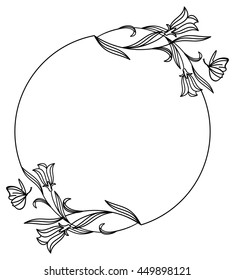 Elegant round frame with bluebells and butterfly. Design element for advertisements, flyer, web, wedding and other invitations or greeting cards.Vector clip art.