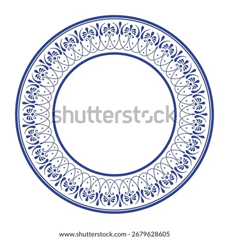 An elegant round frame with classic blue and white floral pattern. Refined border. Floral plate. Design evokes sense of traditional art, reminiscent of fine china Delftware, earthenware, ceramics
