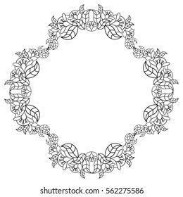 Elegant round frame with contours of flowers. Copy space. Vector clip art.