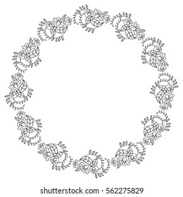 Elegant round frame with contours of flowers. Copy space. Vector clip art.
