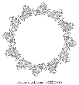 Elegant round frame with contours of flowers. Copy space. Vector clip art.