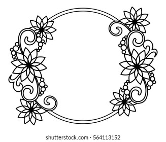 Elegant round frame with contours of flowers. Copy space. Vector clip art.