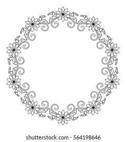Elegant round frame with contours of flowers. Copy space. Vector clip art.