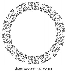 Elegant round frame with contours of flowers. Copy space. Vector clip art.