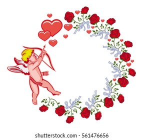 Elegant round frame with Cupid, red roses and hearts. Cupid with bow hunting for hearts. Design element for greeting cards and presents. Vector clip art.