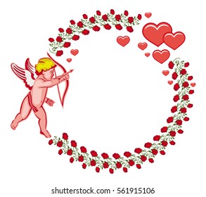 Elegant round frame with Cupid, red roses and hearts. Cupid with bow hunting for hearts. Design element for greeting cards and presents. Vector clip art.