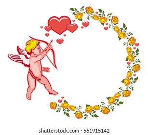Elegant round frame with Cupid, yellow roses and hearts. Cupid with bow hunting for hearts. Design element for greeting cards and presents. Vector clip art.