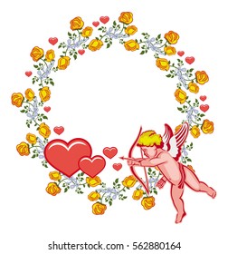 Elegant round frame with Cupid, yellow roses and hearts. Cupid with bow hunting for hearts. Design element for greeting cards and presents. Vector clip art.