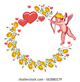 Elegant round frame with Cupid, yellow roses and hearts. Cupid with bow hunting for hearts. Design element for greeting cards and presents. Vector clip art.
