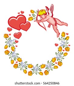 Elegant round frame with Cupid, yellow roses and hearts. Cupid with bow hunting for hearts. Design element for greeting cards and presents. Vector clip art.