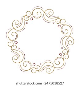 Elegant round frame featuring intricate gold and red swirls, ideal for invitations, announcements, or decorative designs.