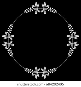 Elegant round frame with floral motif of mimosa clusters. White silhouette on black. Perfect design element, text frame, background or border.
