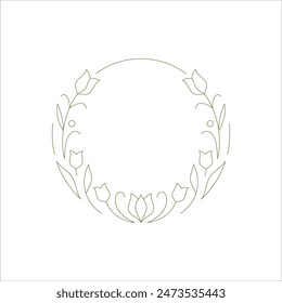 Elegant round frame with flower tulip golden hand drawn linear decor for logo vector illustration. Botanical circle border floral blossom contoured ring minimalist decorative element for design