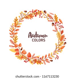 Elegant round frame, garland, wreath or border made of colorful fallen oak leaves, acorns and berries and Autumn Colors inscription inside. Natural decorative vector illustration in modern flat style.