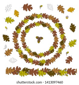 Elegant round frame, garland, wreath or border of colorful fallen oak leaves and acorns on a white background. Natural decorative vector illustration in modern flat style. Freehand drawing.