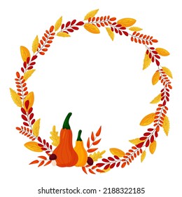 Elegant round frame, garland, wreath or border made of colorful fallen oak leaves, acorns and berries and Autumn Colors inscription inside. Natural decorative vector illustration in modern flat