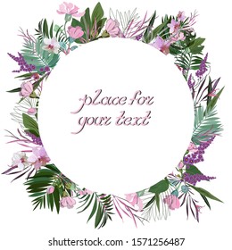 An elegant round frame made of many different plants, flowers and leaves on a light background, and with a handwritten inscription in the center of the composition on a white background. Vector image.