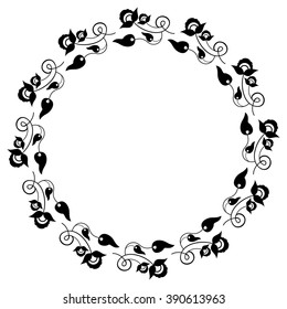 Elegant round frame with silhouettes of decorative plants.