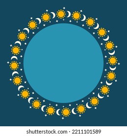 Elegant round frame with sun, moon and stars. Festive design depicting the change of day and night. Frames vector