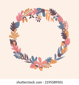 Elegant round frame, wreath or border made of colorful fallen oak leaves, acorns, maple, chestnut, berries and other simple leaves. svg