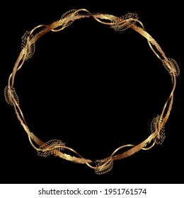 Elegant round gold frame on a black background. Drawn textured borders and decorative leaves for graphic design or decoration. Gold border.