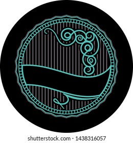 elegant round lable template, black ,with blue swirl vintage badge design