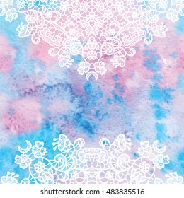 Elegant round lacy doily on watercolor background. Vector illustration.