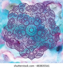 Elegant round lacy doily on watercolor background. Vector illustration.