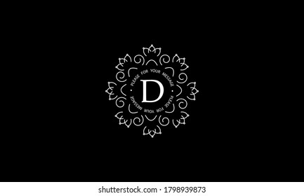 Elegant round monogram template with letter D. Creative white logo on black background. Vector illustration of business, cafe, office, restaurant, heraldry.
